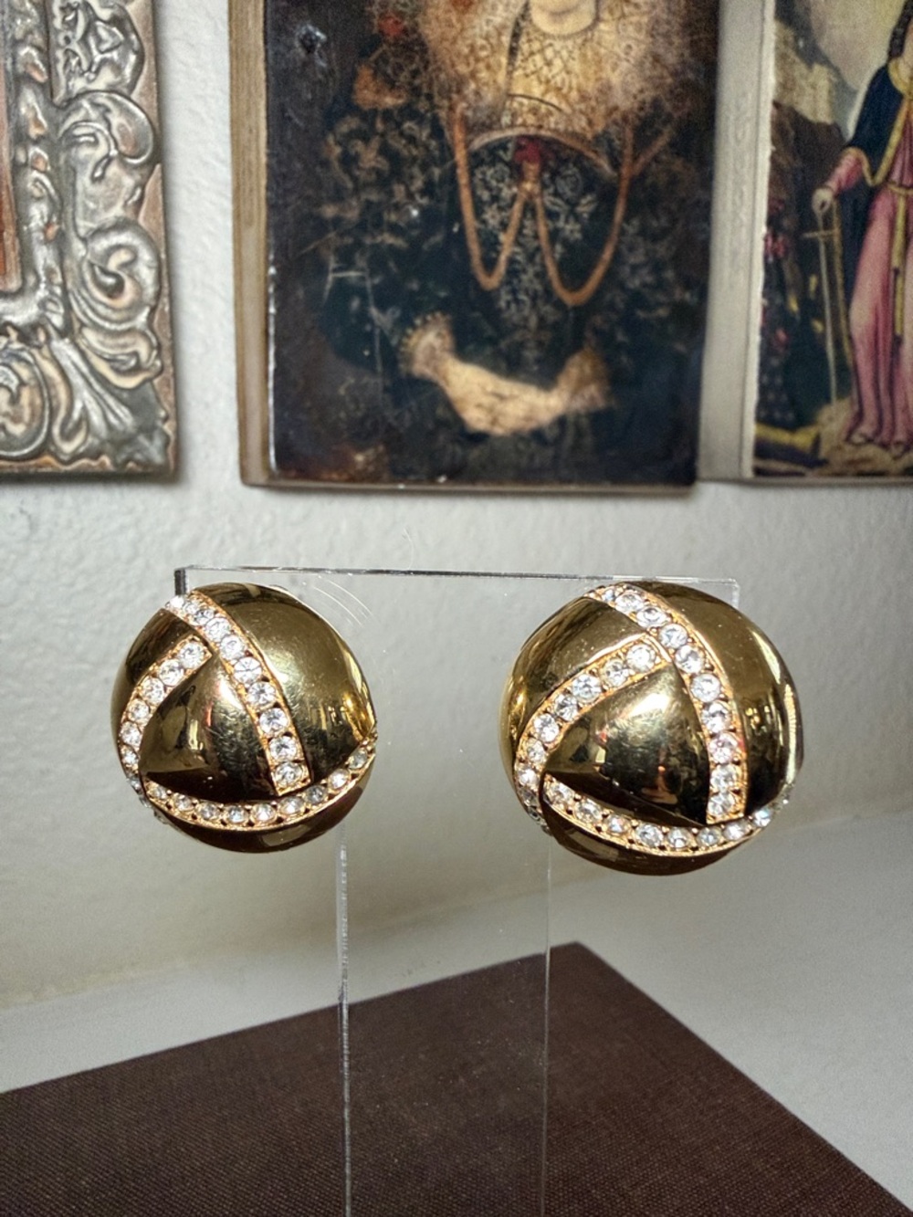 Vintage St. John Gold‎ Tone Rhinestone Dome Clip-On Earrings